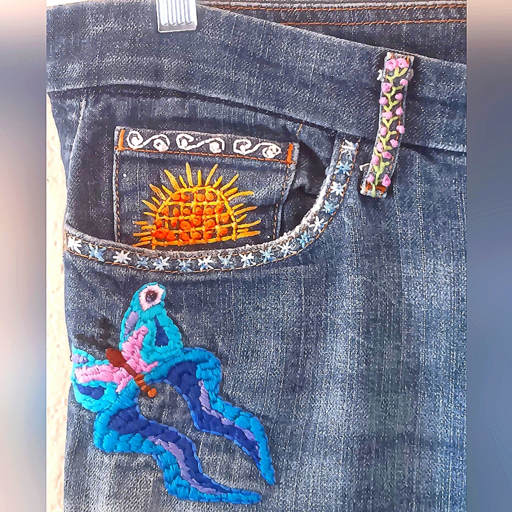 Hand Embroidered Hippie Low Rise Jeans 16 18 Unique Artsy Festival Funky - Picture 6 of 15